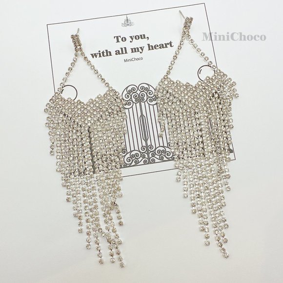 Diamond Shape Forever Fringe Rhinestone Earrings(Silver Tone) - Picture 4 of 7
